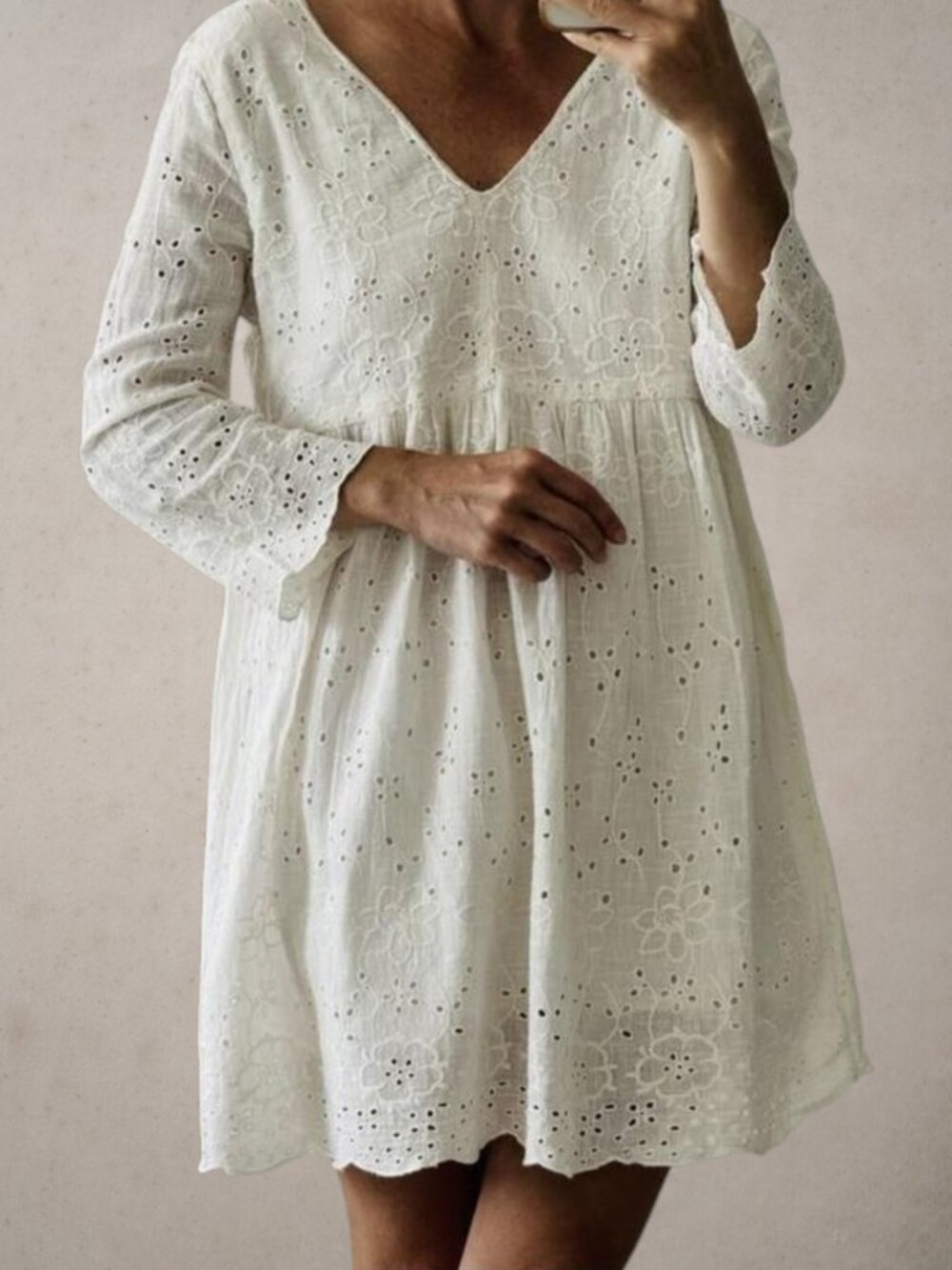 NWT ZARA TRF Trafaluc Boho Babydoll Eyelet Tie Back Cream Dress M